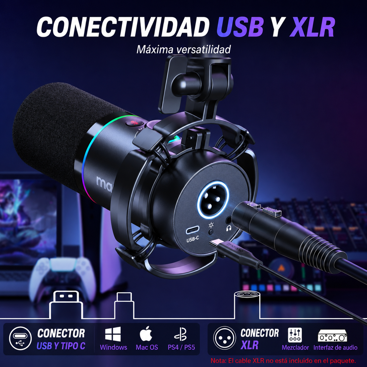 MAONO PD200XS - Micrófono Dinámico XLR/USB RGB con Brazo Telescópico - PC - USB