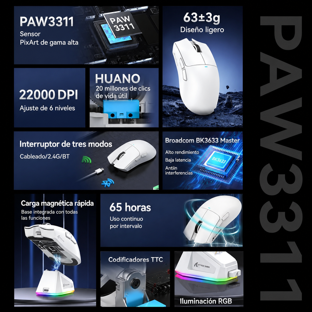 ATTACK SHARK X11 - Ratón Gaming RGB - Cargador Magnético - Peso 59g - Bluetooth