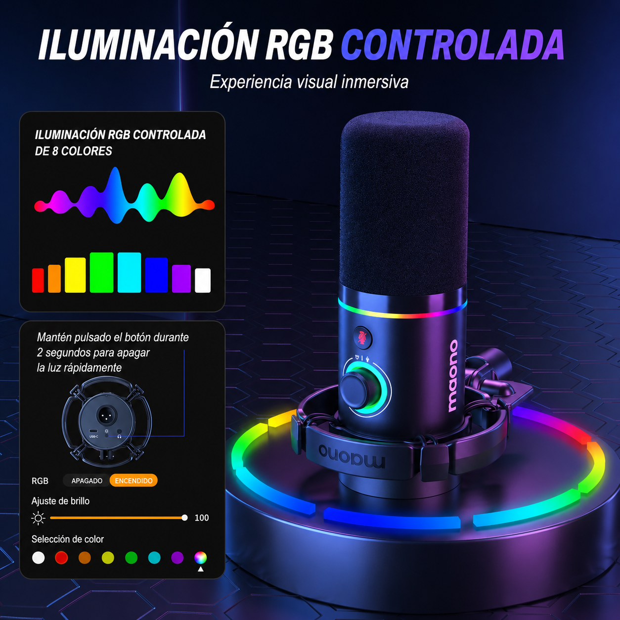MAONO PD200XS - Micrófono Dinámico XLR/USB RGB con Brazo Telescópico - PC - USB