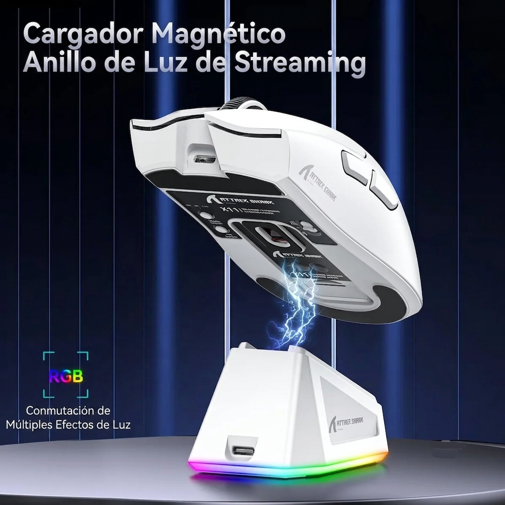 ATTACK SHARK X11 - Ratón Gaming RGB - Cargador Magnético - Peso 59g - Bluetooth