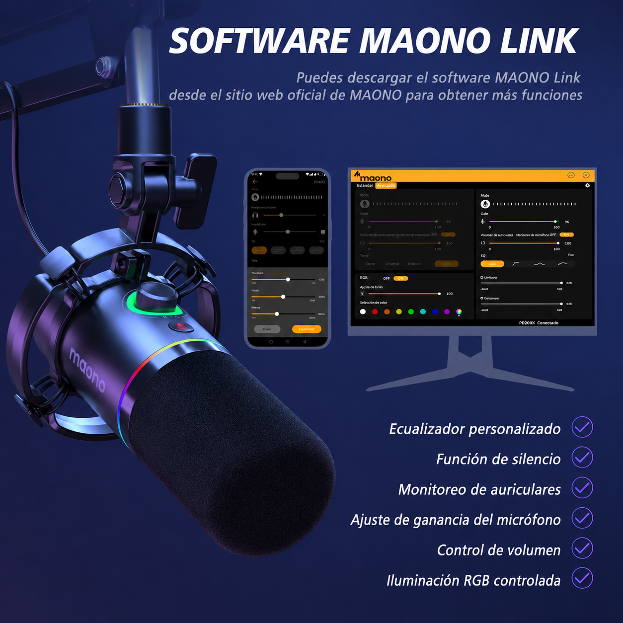 MAONO PD200XS - Micrófono Dinámico XLR/USB RGB con Brazo Telescópico - PC - USB