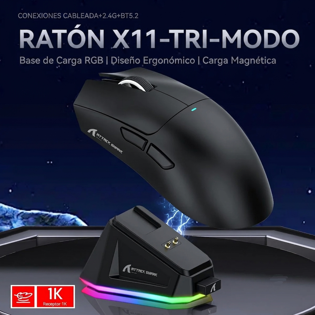ATTACK SHARK X11 - Ratón Gaming RGB - Cargador Magnético - Peso 59g - Bluetooth