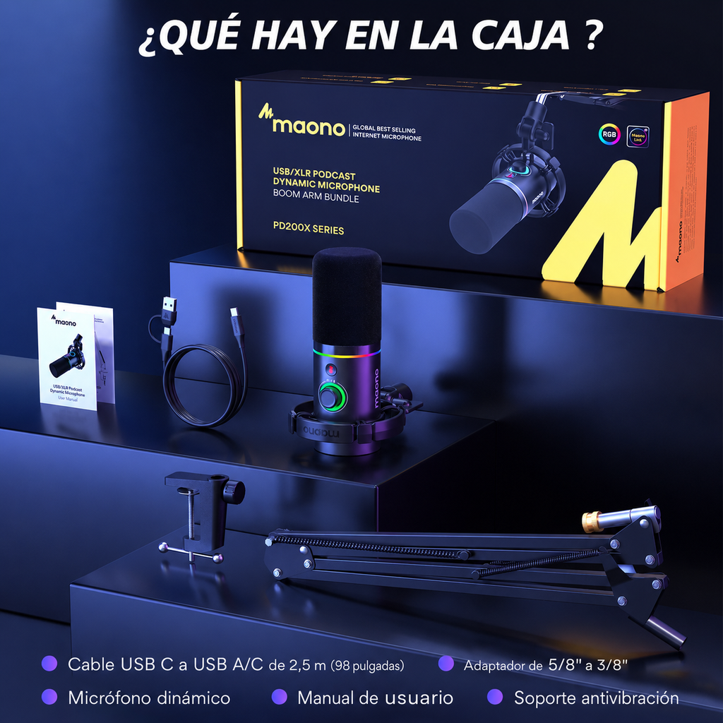 MAONO PD200XS - Micrófono Dinámico XLR/USB RGB con Brazo Telescópico - PC - USB