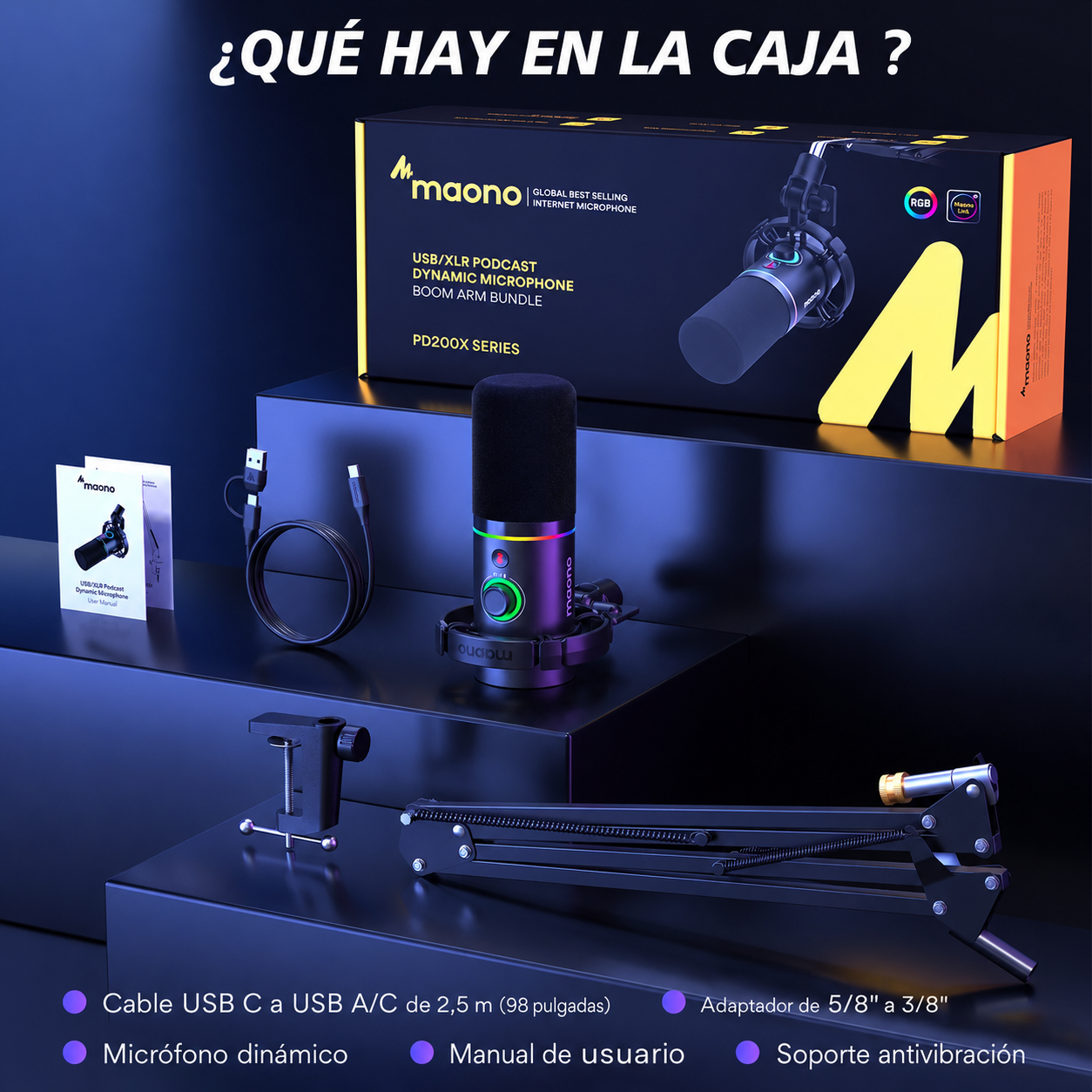 MAONO PD200XS - Micrófono Dinámico XLR/USB RGB con Brazo Telescópico - PC - USB