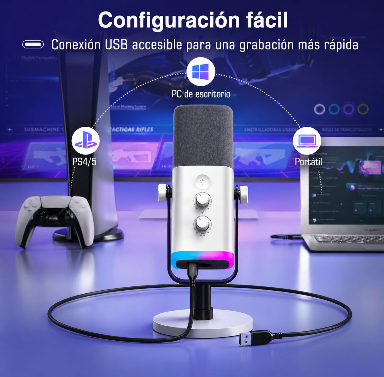 Fifine AM8 - Micrófono Estudio XLR/USB - RGB - PC/PS4/PS5 - USB - Streaming