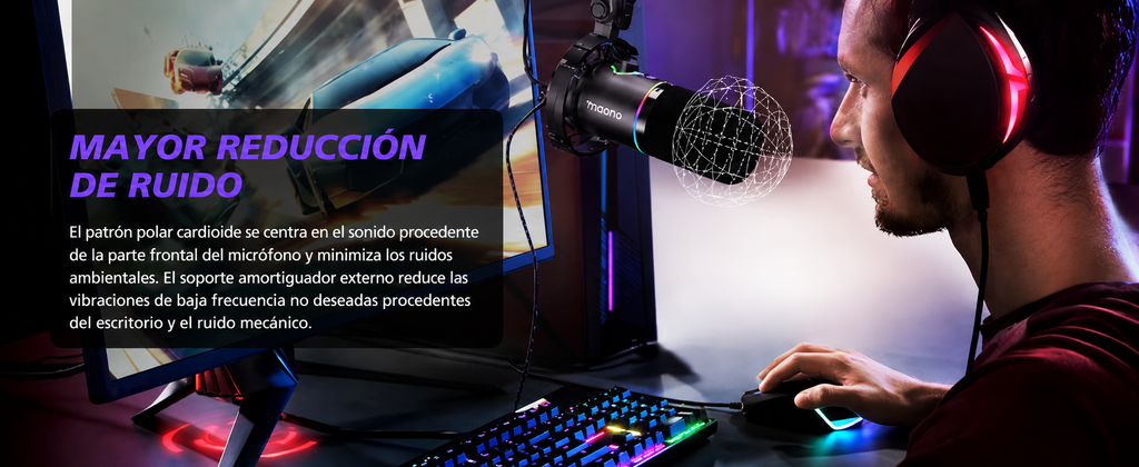 MAONO PD200XS - Micrófono Dinámico XLR/USB RGB con Brazo Telescópico - PC - USB
